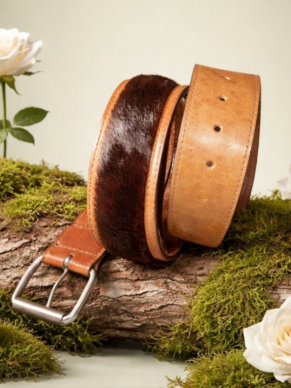 ESPRIT Caramel Brown Faux Leather Faux Calf-Hair Adjustable Silver Buckle Belt